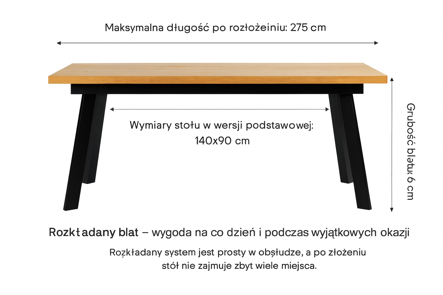 Stół rozkładany prostokątny z grubym blatem 275 cm do jadalni salonu Tores 10bbf440-e2ce-4ea0-9951-740be4f1a2a3