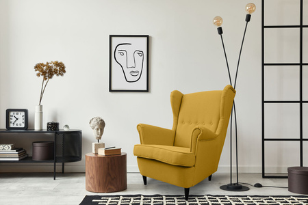  Fotel jednoosobowy wypoczynkowy Uszak żółty w stylu skandynawskim do salonu.