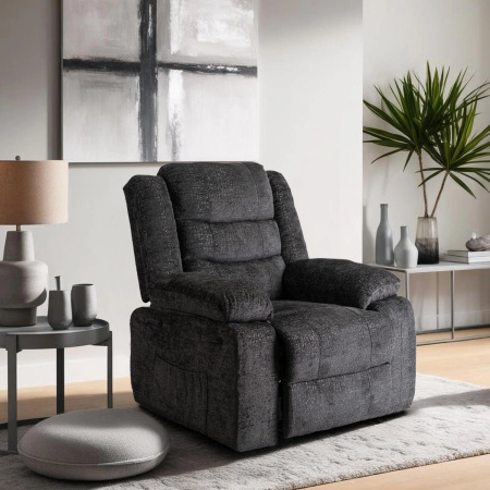 Fotel rozkładany czarny z podnóżkiem w tkaninie welurowej Arturo