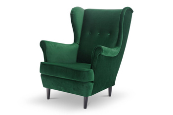 Fotel jednoosobowy wypoczynkowy Uszak butelkowa zieleń w stylu skandynawskim do salonu.