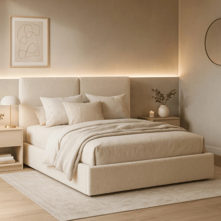 Łóżko tapicerowane 160x200 na nóżkach beżowe z zagłówkiem i stelażem.