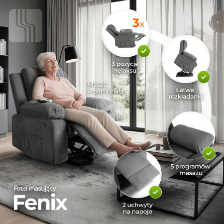 Fotel elektryczny rozkładany z funkcją wstawania i masażu szary Fenix