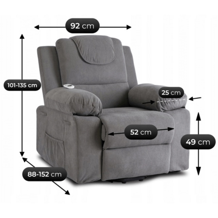 Fotel elektryczny rozkładany z funkcją wstawania i masażu szary Fenix