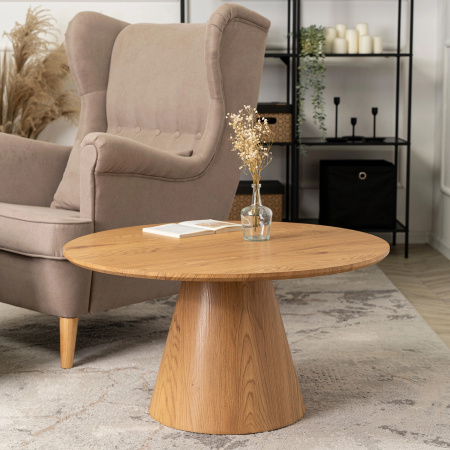Stolik kawowy okrągły na jednej nodze do salonu dąb naturalny Carly Max 80 cm 