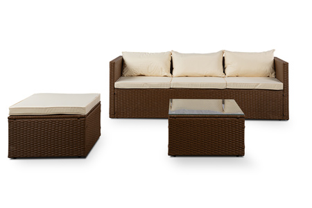 Zestaw wypoczynkowy mebli ogrodowych sofa z pufa i stolikiem 