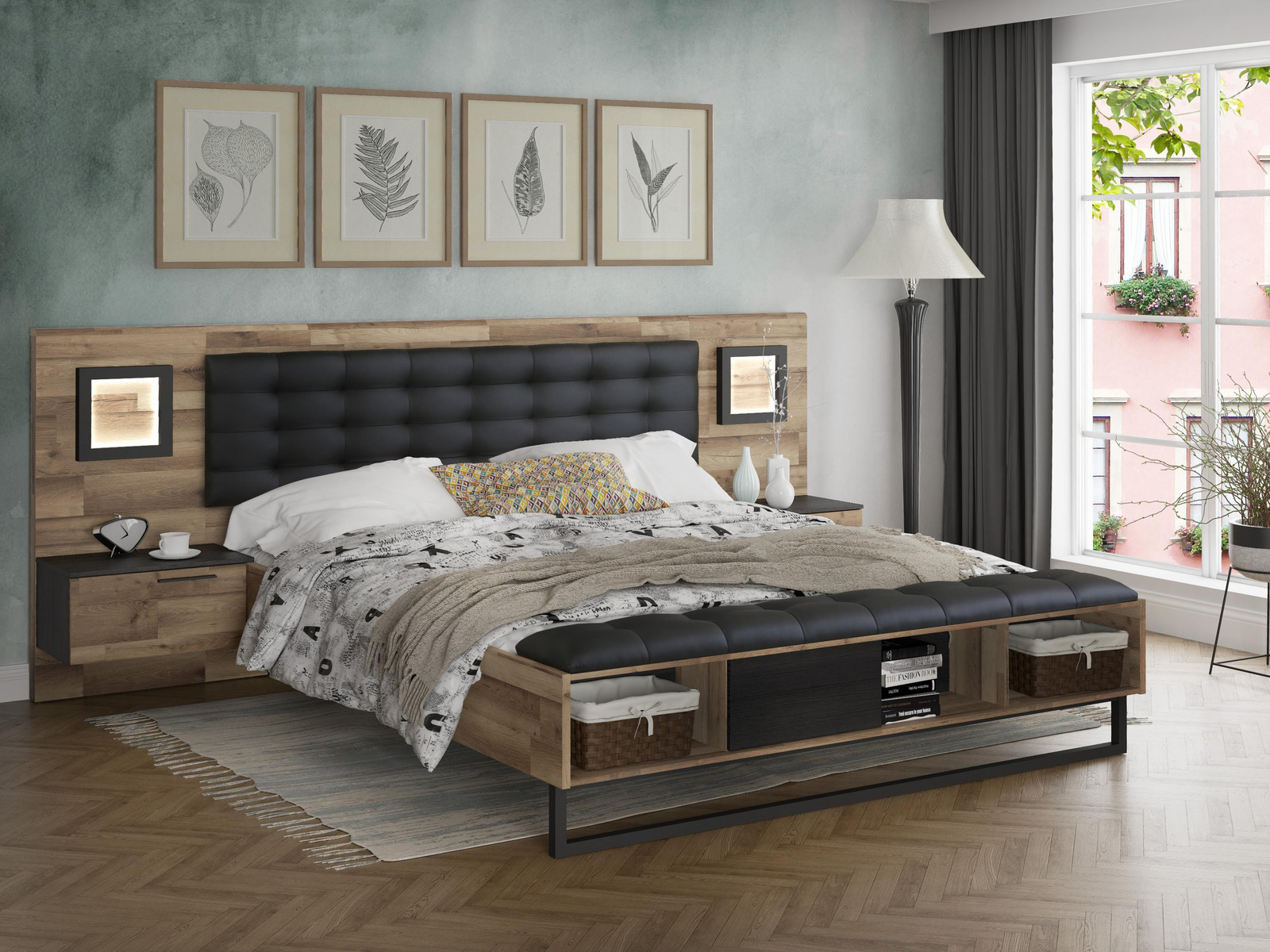 Łóżko z szafkami i półkami do sypialni 180x200 Jakobina Forte