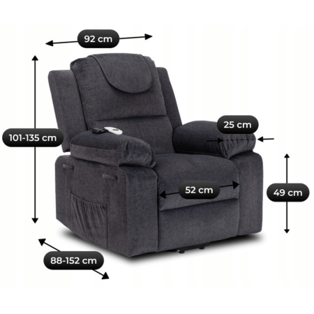 Fotel elektryczny masujący rozkładany z funkcją wstawania  ciemny popiel Fenix