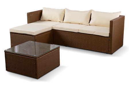 Zestaw wypoczynkowy mebli ogrodowych sofa z pufa i stolikiem 