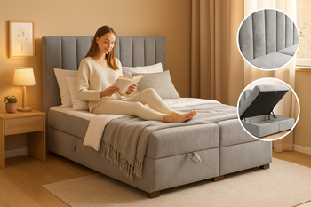 Łóżko tapicerowane kontynentalne z pojemnikami na pościel i tapicerowanym zagłówkiem 160x200 Calmo