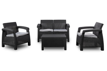 Zestaw mebli ogrodowych sofa dwuosobowa i dwa fotele ze stolikiem i poduszkami