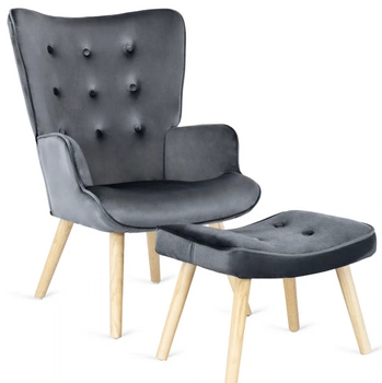 Fotel welurowy z podnóżkiem do salonu szary