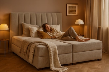 Łóżko tapicerowane kontynentalne z pojemnikami na pościel i tapicerowanym zagłówkiem 160x200 beżowe Calmo 